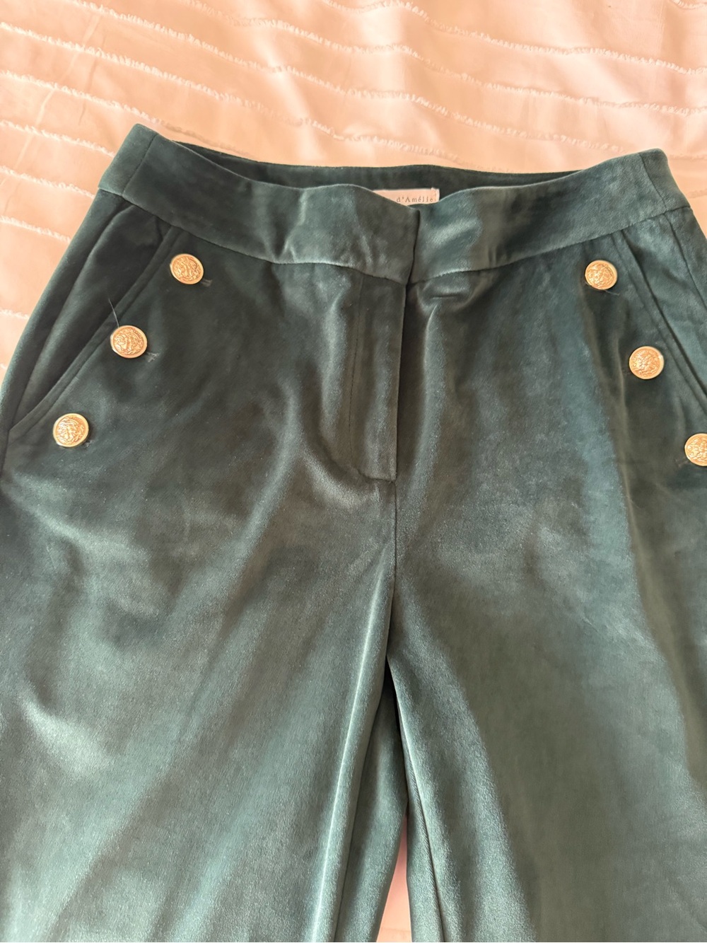 Classic High-Rise Green Velvet Pants with Gold Buttons